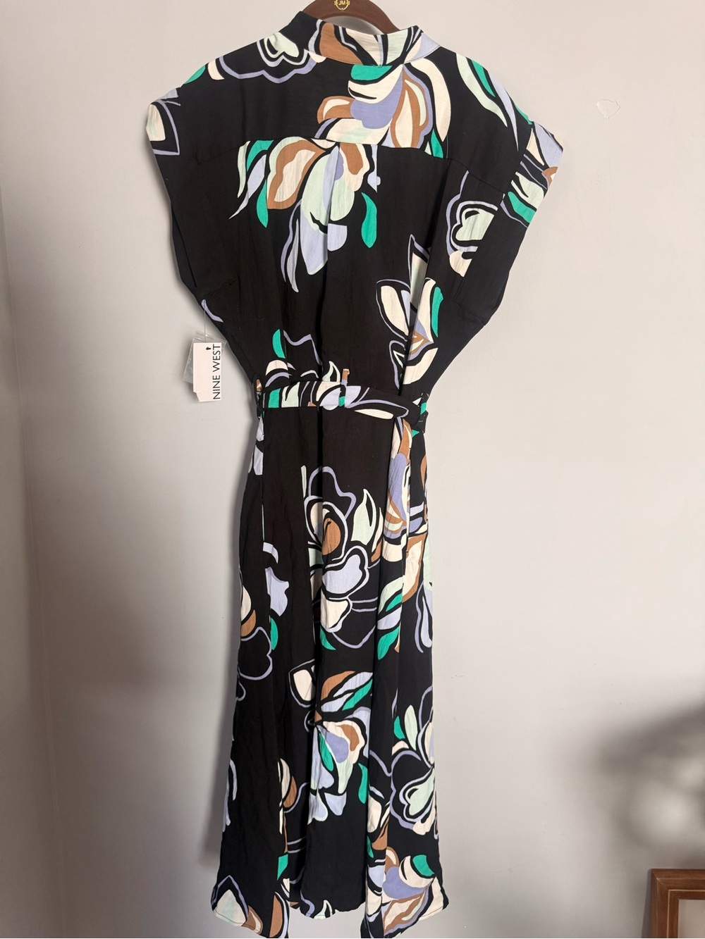 Nine West Black Floral Print Maxi Dress with Green & Cream Accents